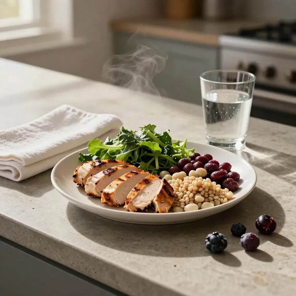Top-down lunch plate with chicken, greens, beans, grains, berries, and water on stone.