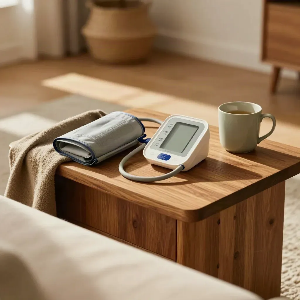 Blood pressure cuff and monitor beside a mug and folded blanket on a living-room side table.