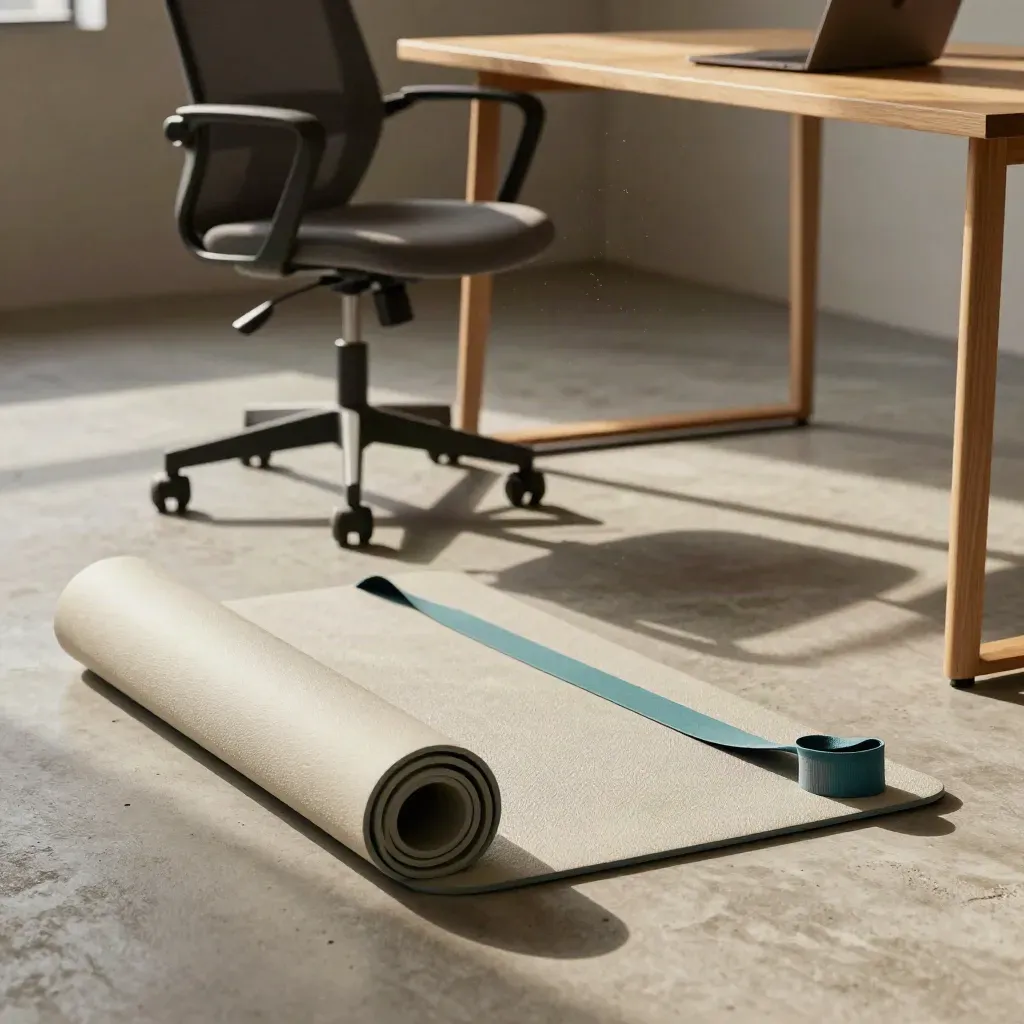 Floor-level office stretch scene with chair, mat, band, and closed laptop.