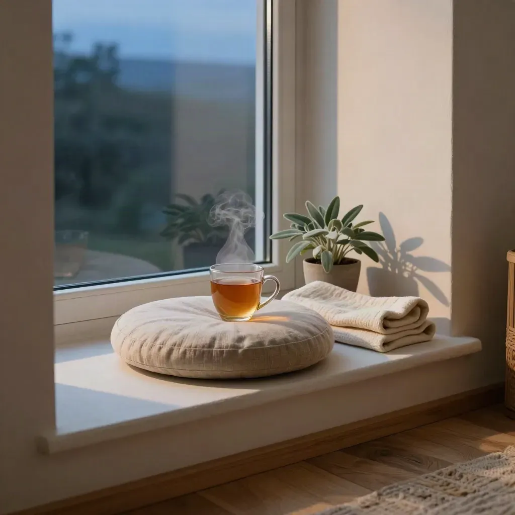 Quiet window nook with cushion, tea, throw and plant at dusk