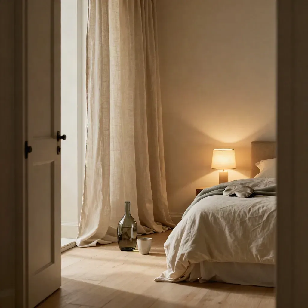 Bedroom corner with curtains, eye mask, carafe and low lamp in blue-hour hush.