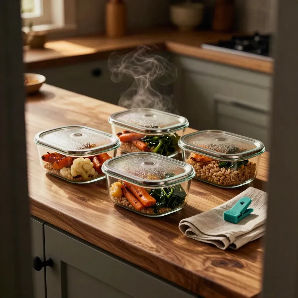 Three meal prep containers of roasted vegetables, rice, and greens on a butcher-block counter.