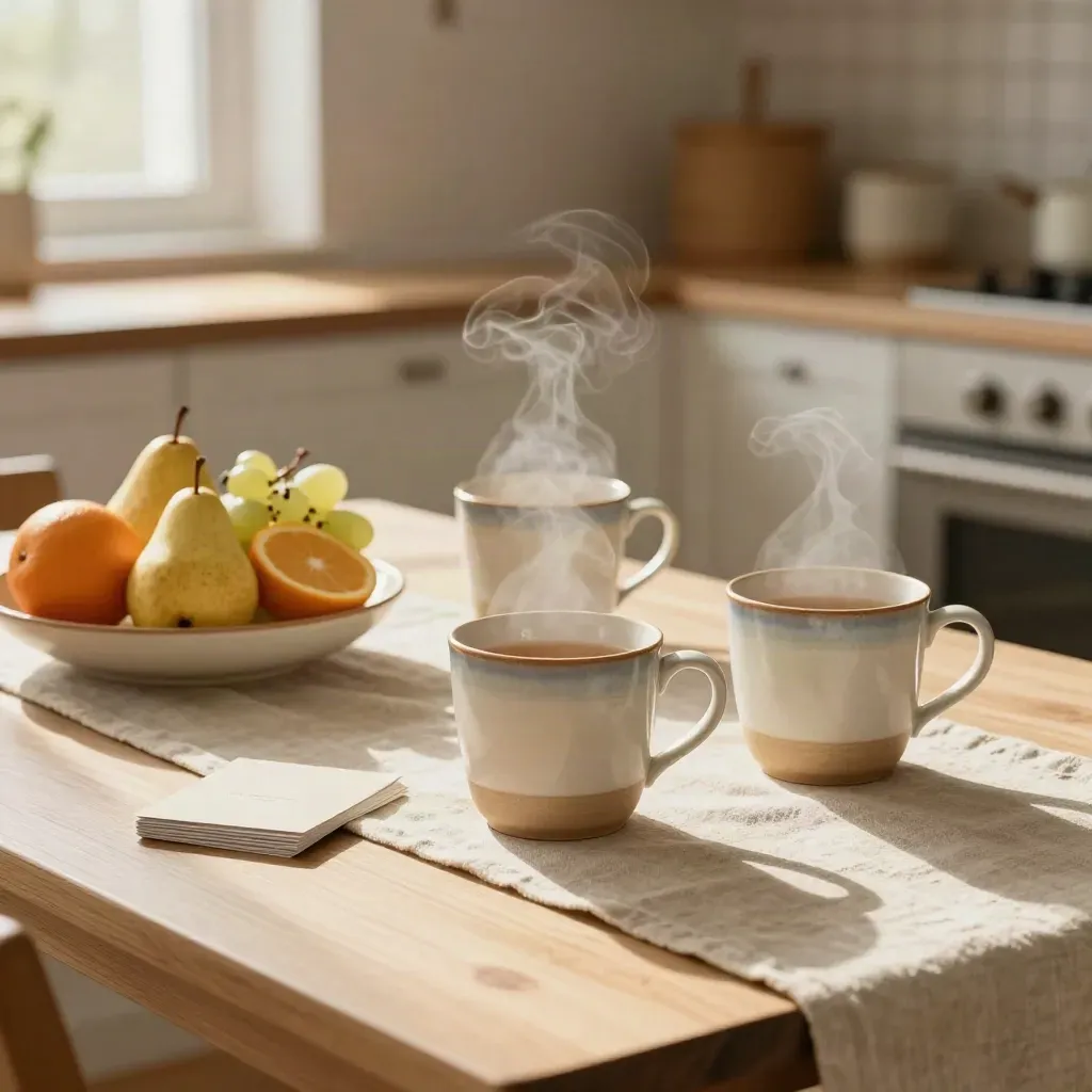 Tea mugs, fruit bowl, and guide cards on a sunlit kitchen table with steam rising
