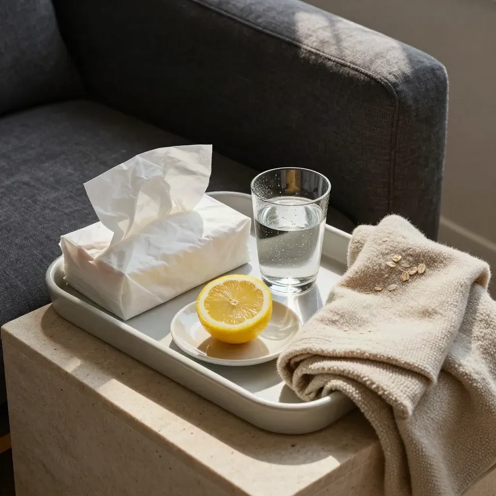 Top-down tray with tissues, water glass, lemon half and folded blanket beside a sofa in cool haze.