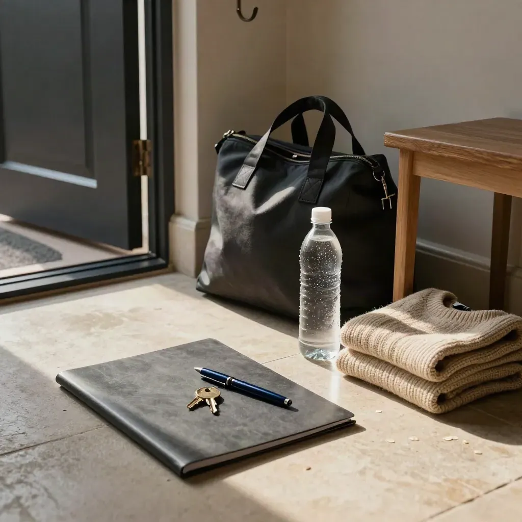 Entryway prep kit with folder, pen, keys, water bottle, and folded sweater in morning light.