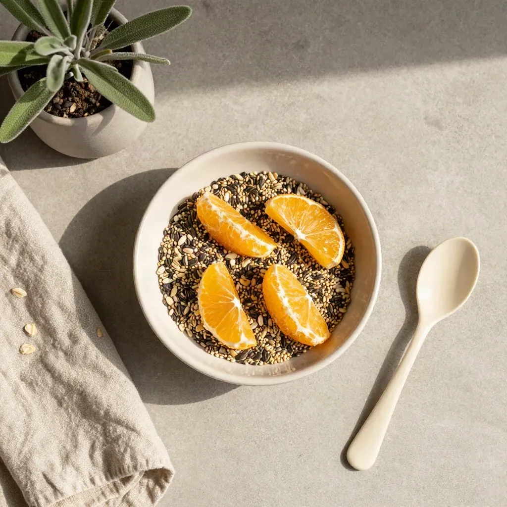 Overhead flatlay of seeds, citrus, linen, plant, and spoon on concrete.