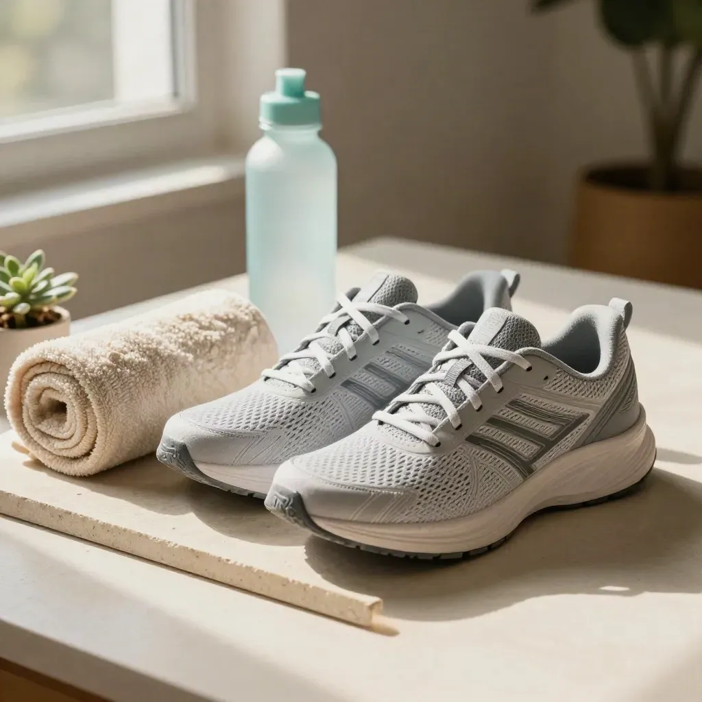 Running shoes, towel, bottle, and plant arranged on a stone tray for fitness routines.