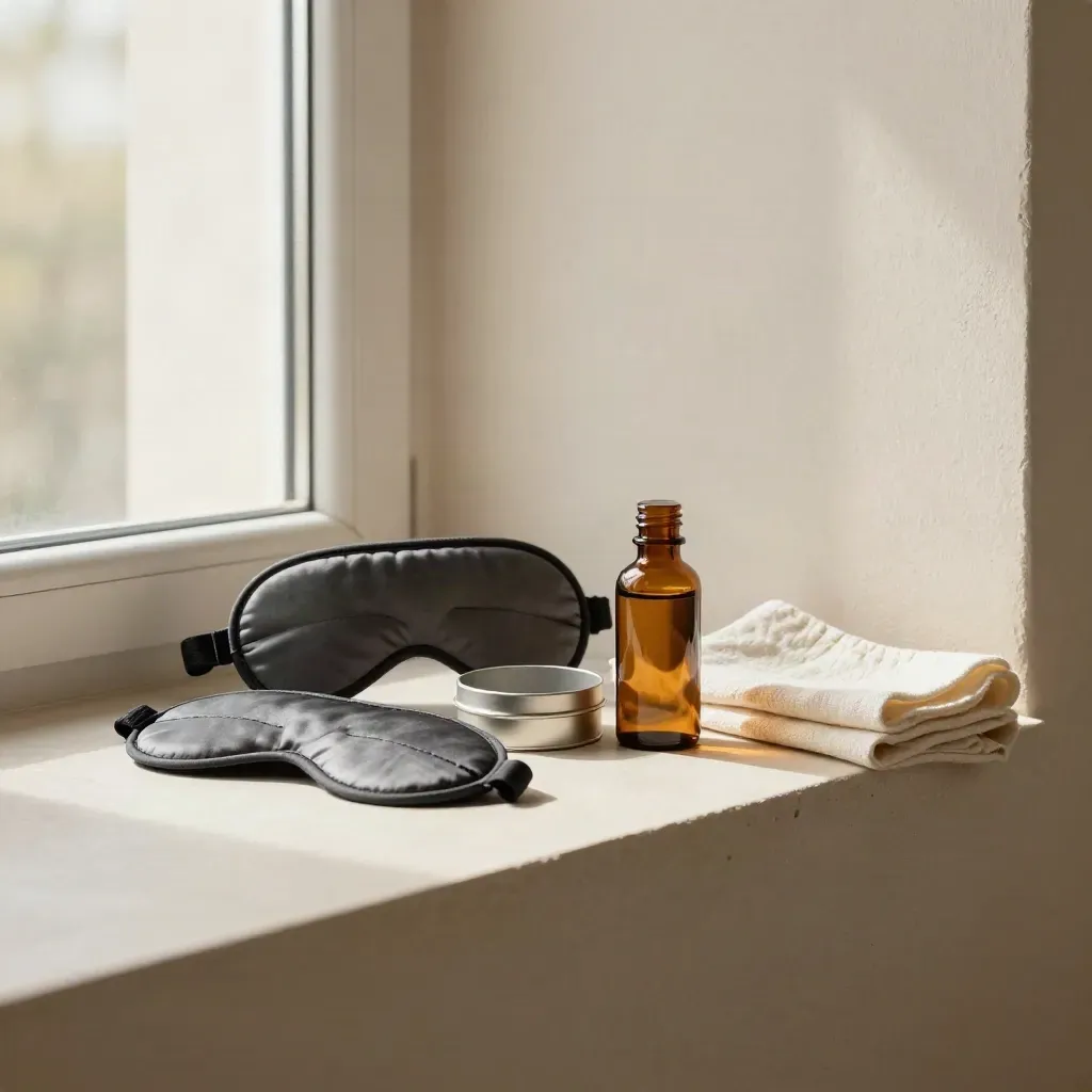 Minimal prevention kit with sleep mask, pill tin, amber vial, cloth, and ceramic dish on a pale shelf.