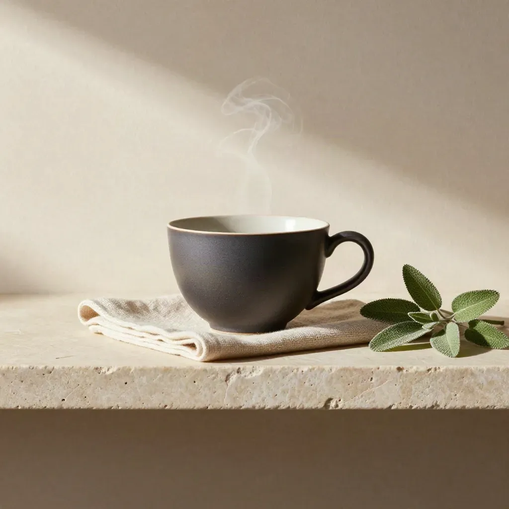 Tea cup, worry stone, wool cloth, and plant on pale stone with steam and soft light