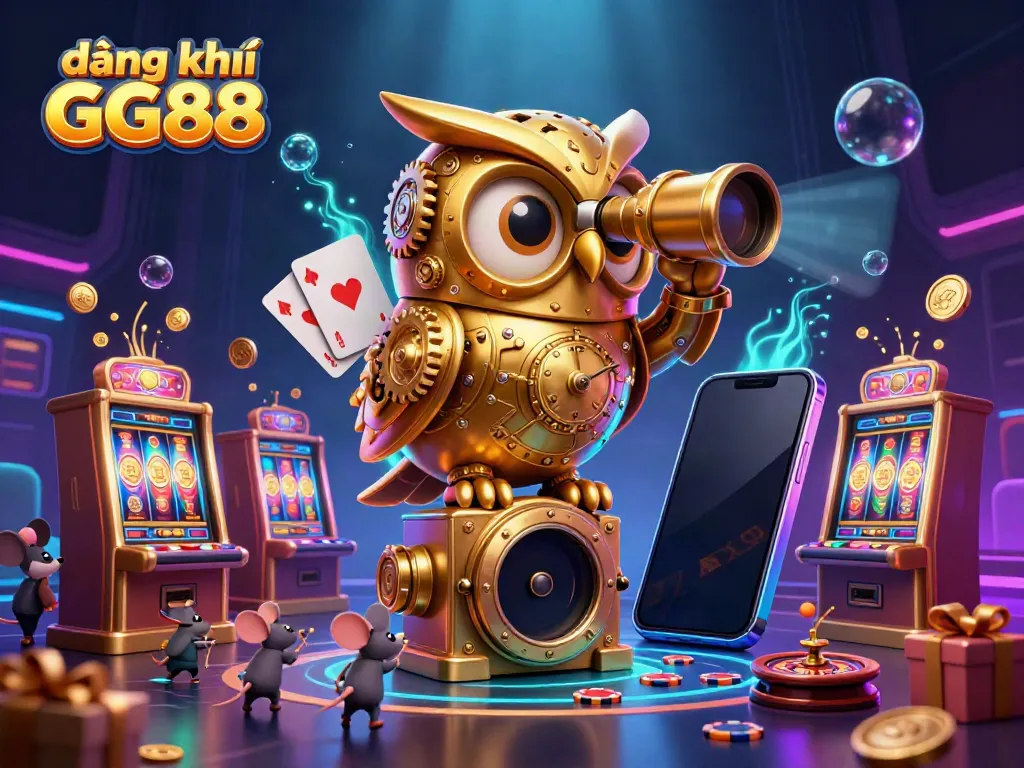 Engage in fun gaming with đăng ký GG88, featuring a cartoon owl overseeing lively casino activities, with slot machines and vibrant details.