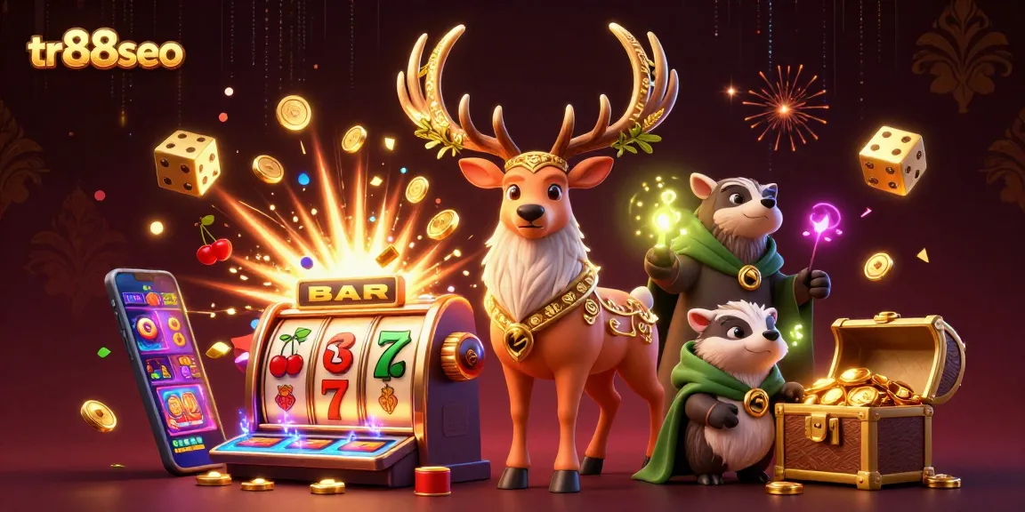 Experience the magic of tr88seo with a vibrant casino scene illustrating a Celtic druid stag and dynamic slot machine action.