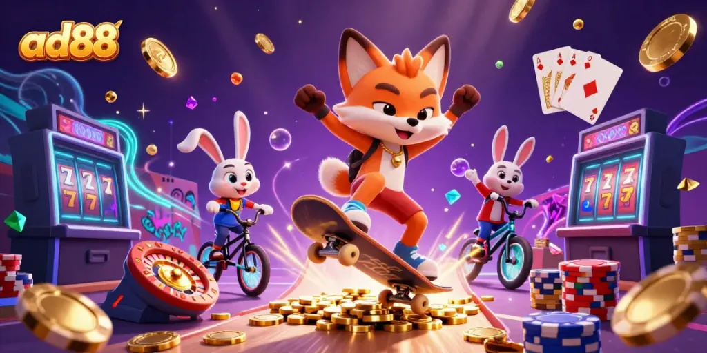 Experience exhilarating action at ad88 with 3D characters navigating a casino world of vibrant symbols and roulette.