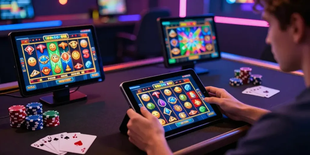 Exciting moment of a player engaging with Wira55 slot game on tablet with colorful graphics.