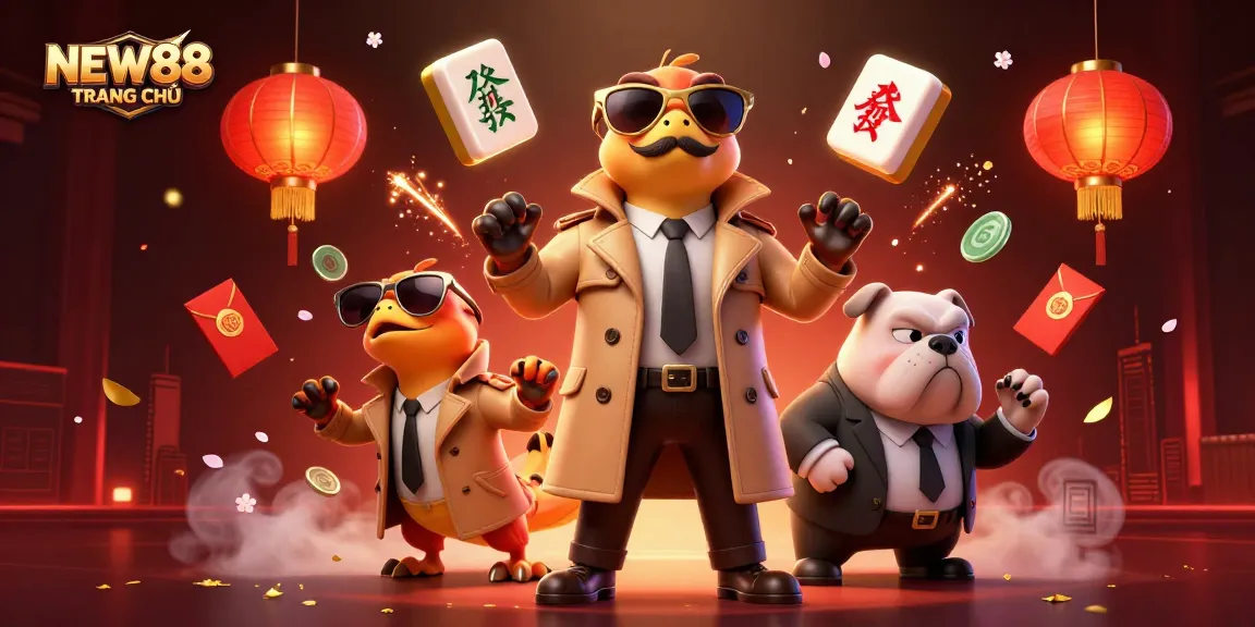 Engage with NEW88 TRANG CHỦ in a vibrant casino scene featuring cartoon raptors and dynamic elements.