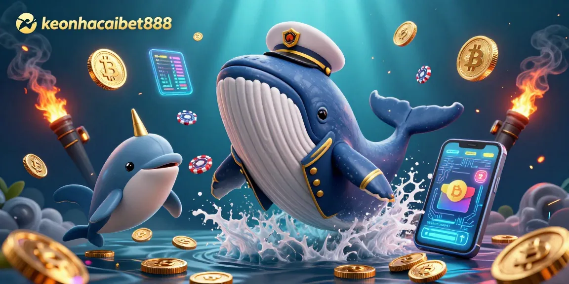 Engage with keonhacaibet888 through this dynamic 3D illustration showcasing a whale and dolphins in a vibrant casino scene.