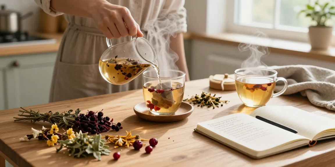 Preparing tisane confort urinaire with herbs in a cozy kitchen.