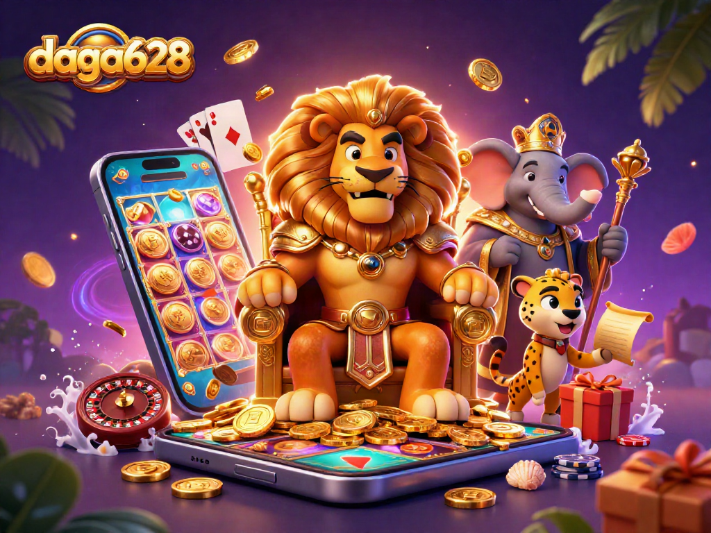 daga628's vibrant casino scene showcasing a lion king with golden treasures, vibrant gaming elements, and dynamic action.