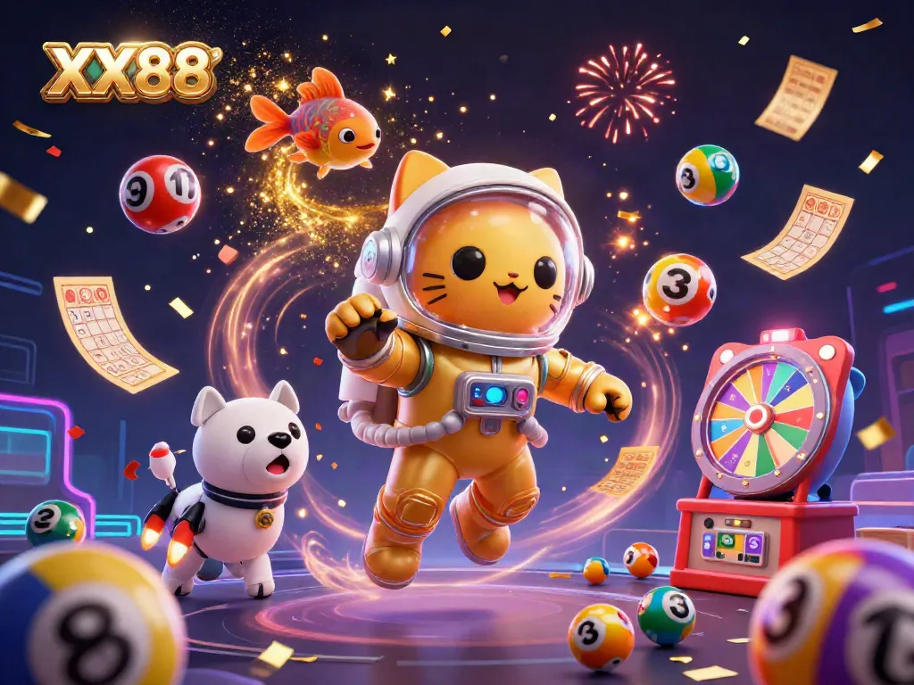 Join the fun at XX88 with vibrant lottery balls and dynamic gaming excitement in this 3D illustration.