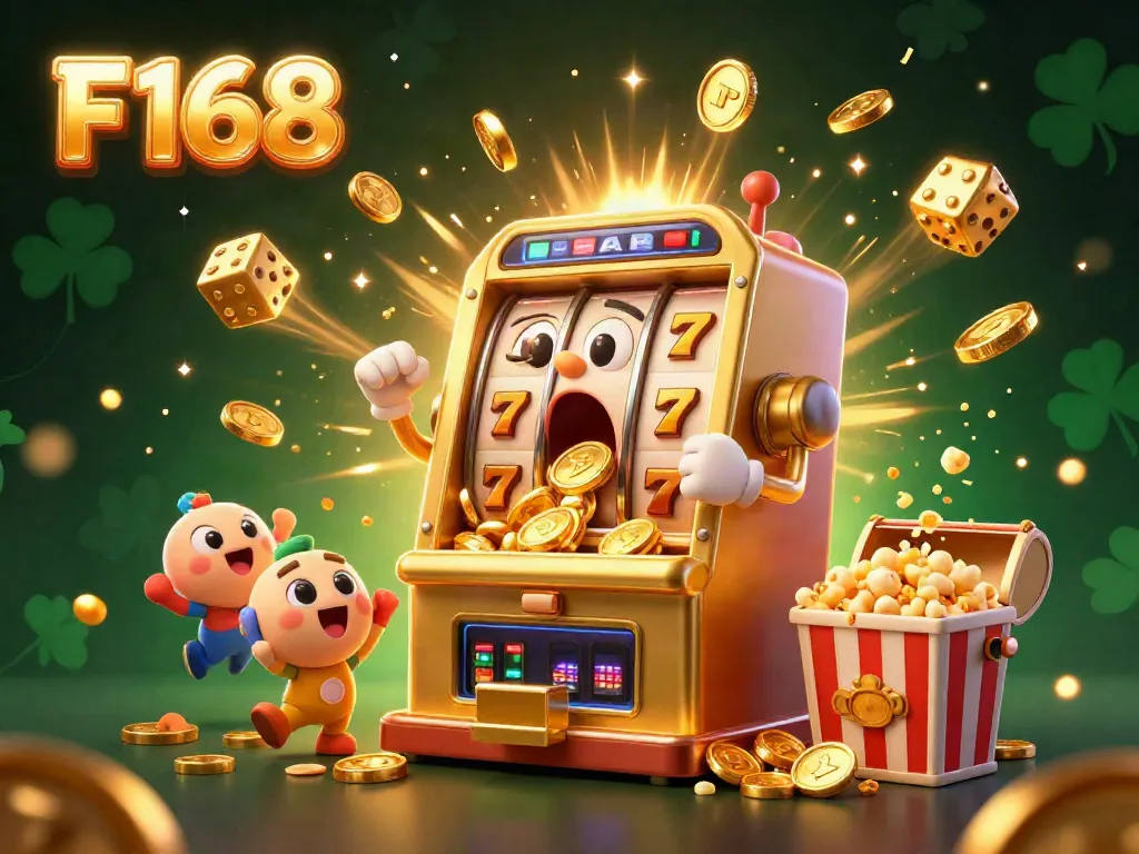 F168 slot machine celebrates a jackpot with coins overflowing, surrounded by festive casino elements.