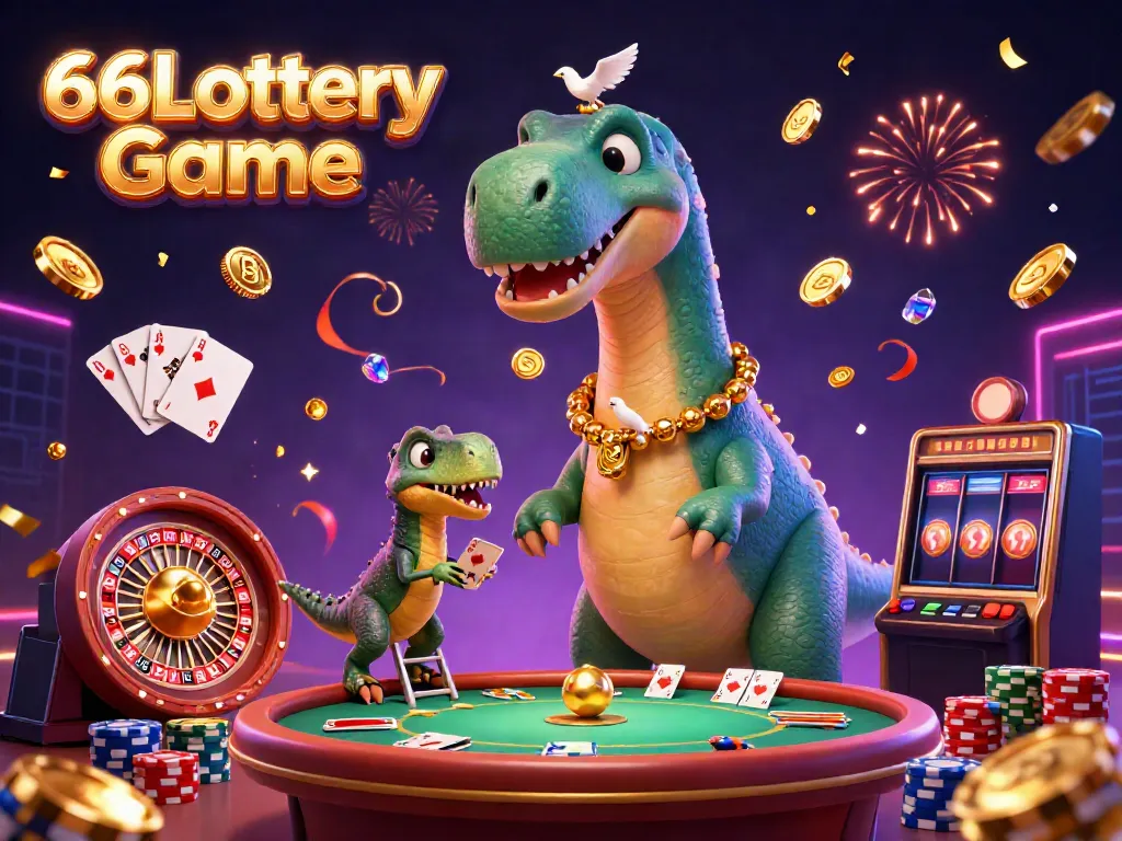 The 66Lottery Game features a whimsical scene with a brontosaurus in a casino dealing thrill and excitement.
