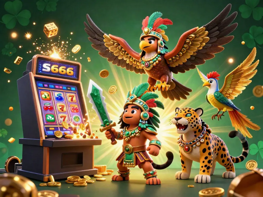 Experience the excitement of S666 with Aztec warriors amidst a jackpot explosion of coins and casino symbols.
