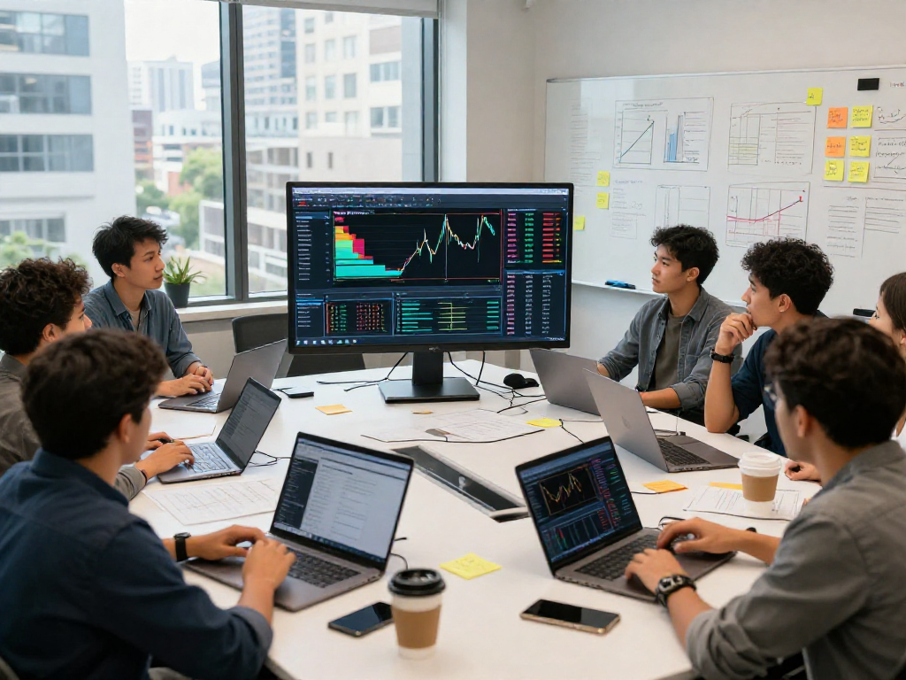TradingView analytics presentation in a vibrant team collaboration setting, showcasing trading software analysis features.