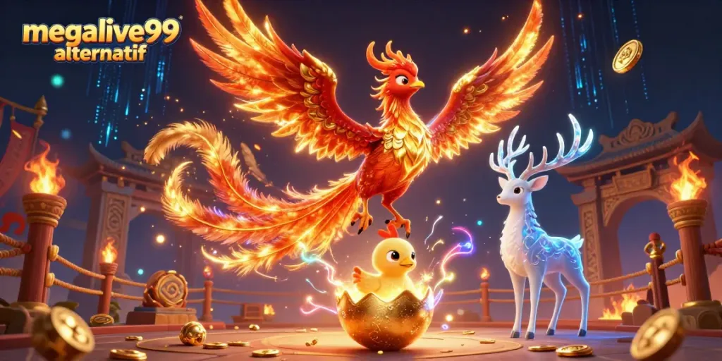 Megalive99 alternatif menampilkan phoenix api dan ayam phoenix dalam satu ilustrasi kasino yang penuh semangat.