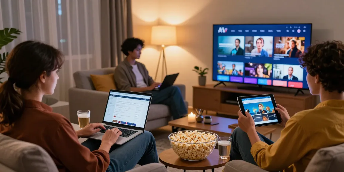 Engaging scene of adults enjoying online content at https://av66th.com/ in a stylish living room.