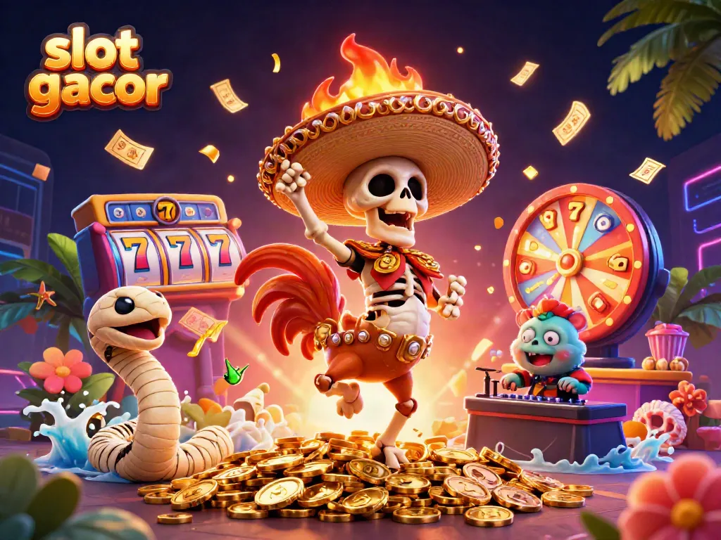 Experience slot gacor excitement with a dancing mariachi rooster and vibrant casino elements.