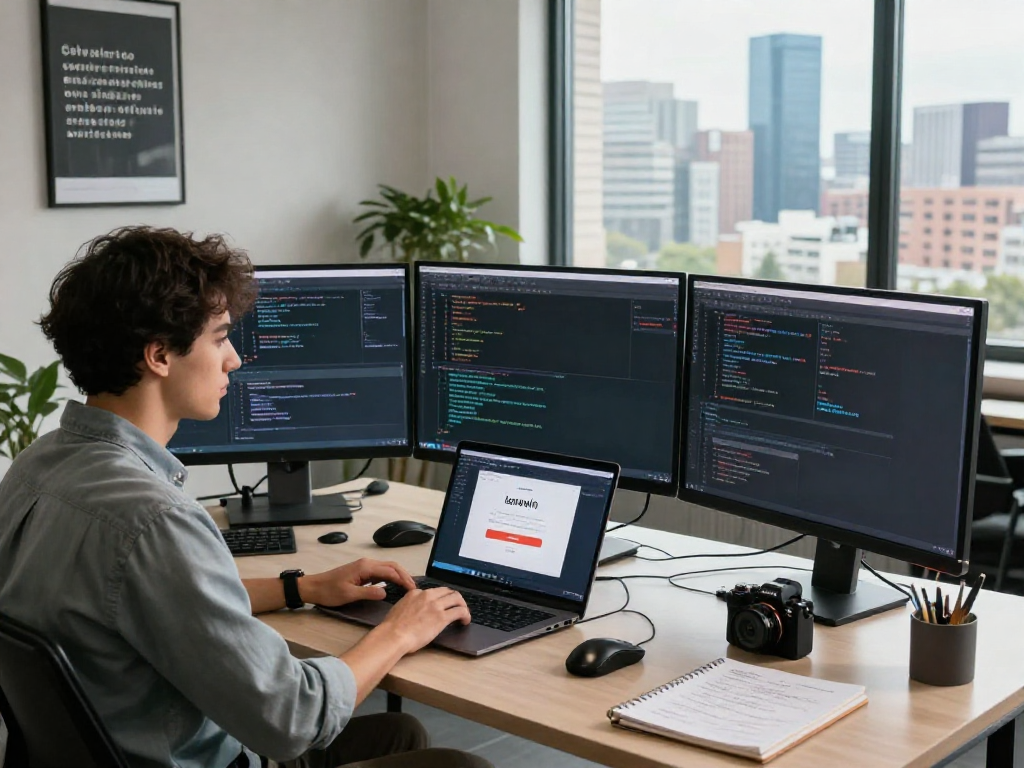 Engaged software engineer logging into lavowin in a modern workspace with city skyline view.