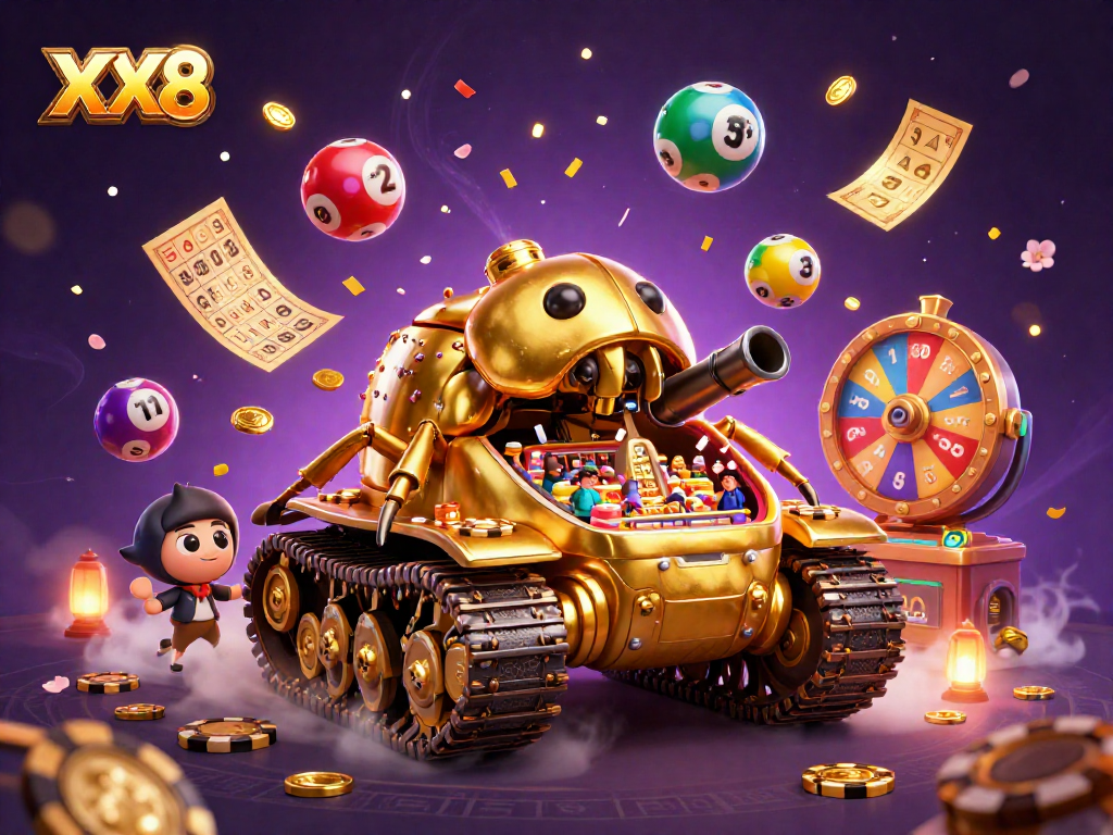 Engage with XX8's colorful casino experience featuring a golden beetle tank and lively lottery elements.