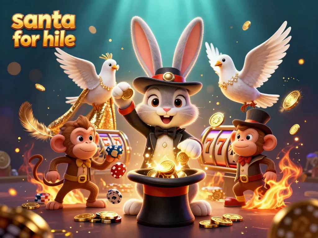 Engaging casino-themed illustration of santa for hire featuring a magician rabbit, dove, and monkey amidst slot reels and shimmering coins.