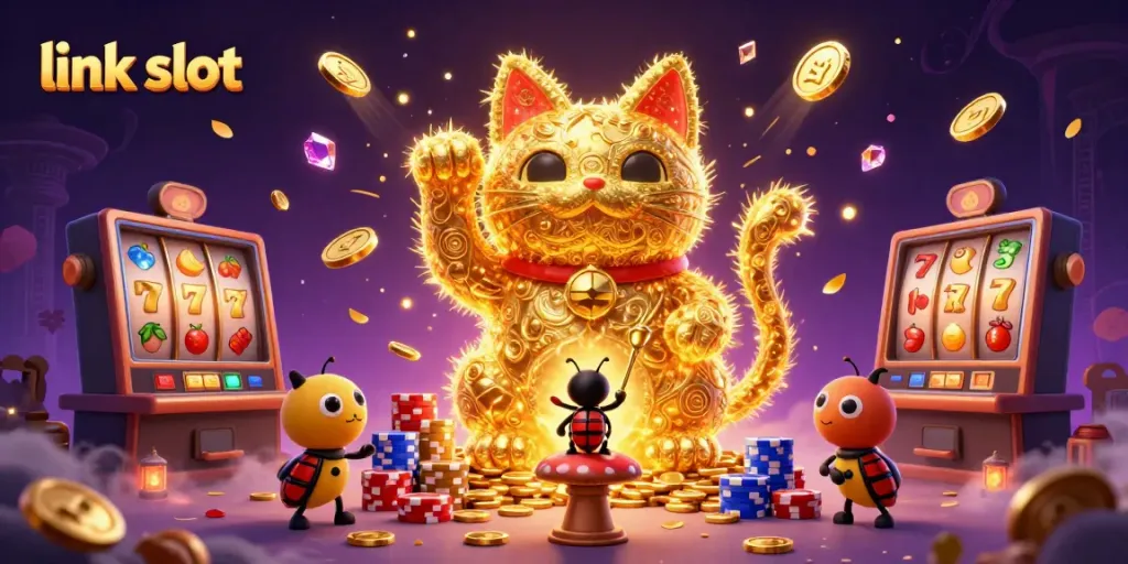 Win big with link slot featuring a lucky cat formed by fireflies in a vibrant casino scene.