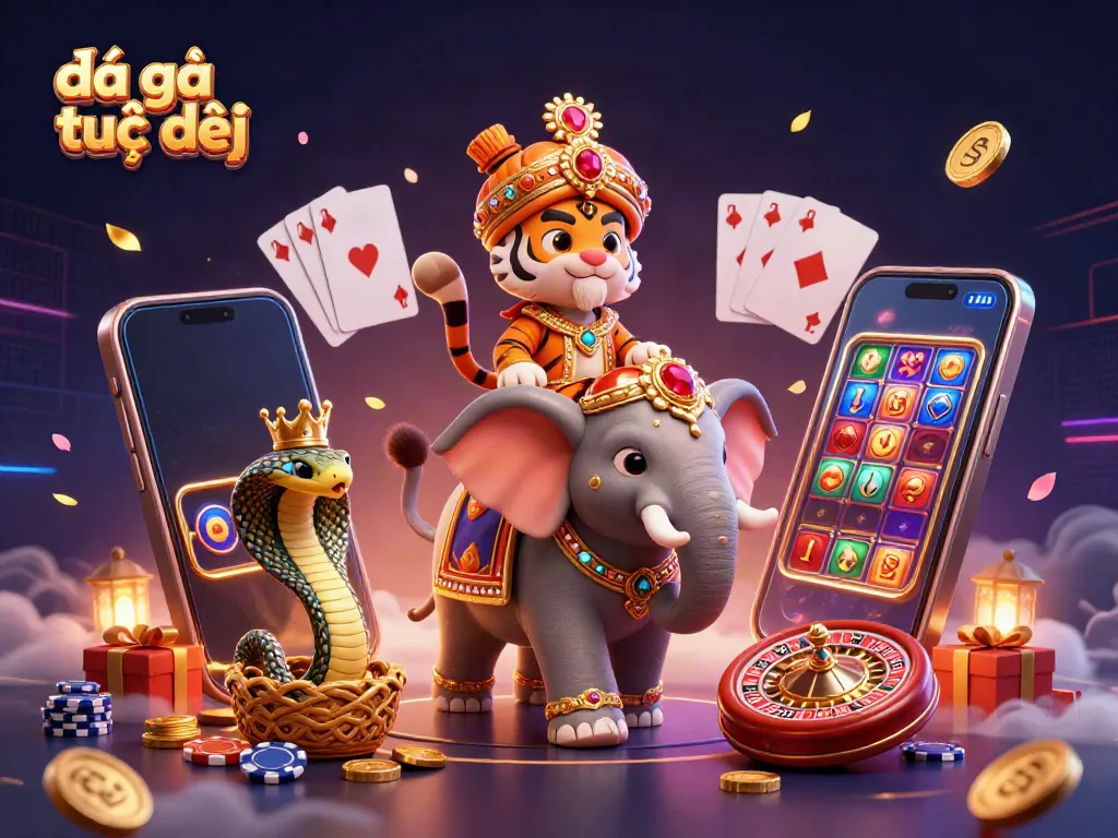 Experience live đá gà trực tiếp with a dynamic 3D digital illustration showcasing vibrant gambling elements.