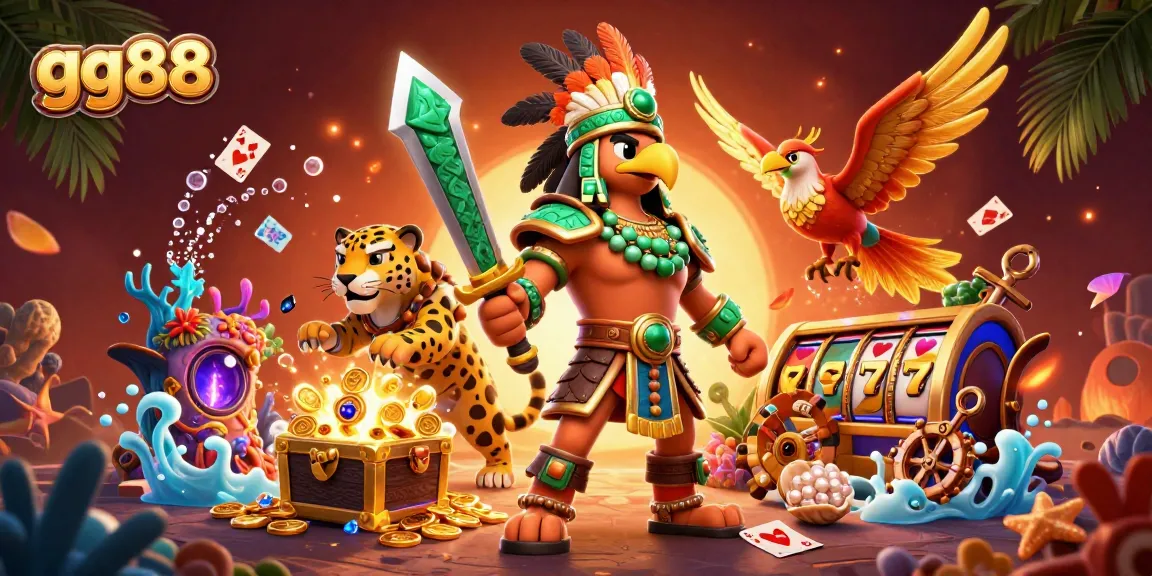Engage in thrilling gameplay at gg88 with an Aztec warrior and gold treasures in a rich casino atmosphere.