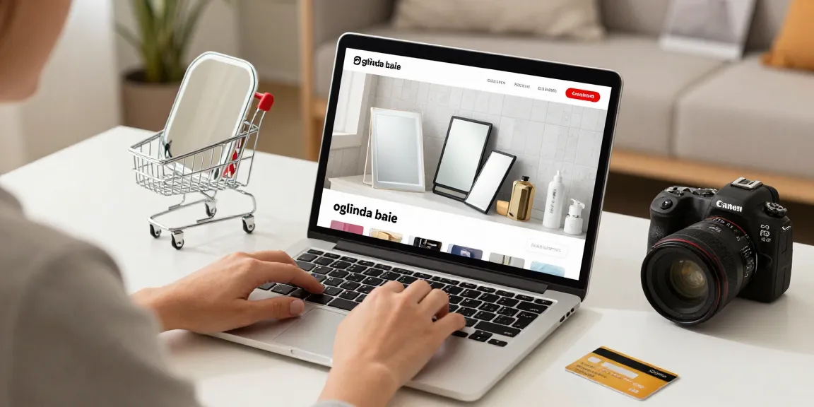 An online shopping scene showcasing 'oglinda baie' for the best deals in e-commerce buyer's guide