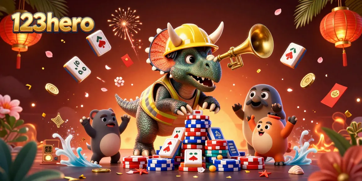 Engage with 123hero's exciting gaming world through poker chips, vibrant lanterns, and animated characters.