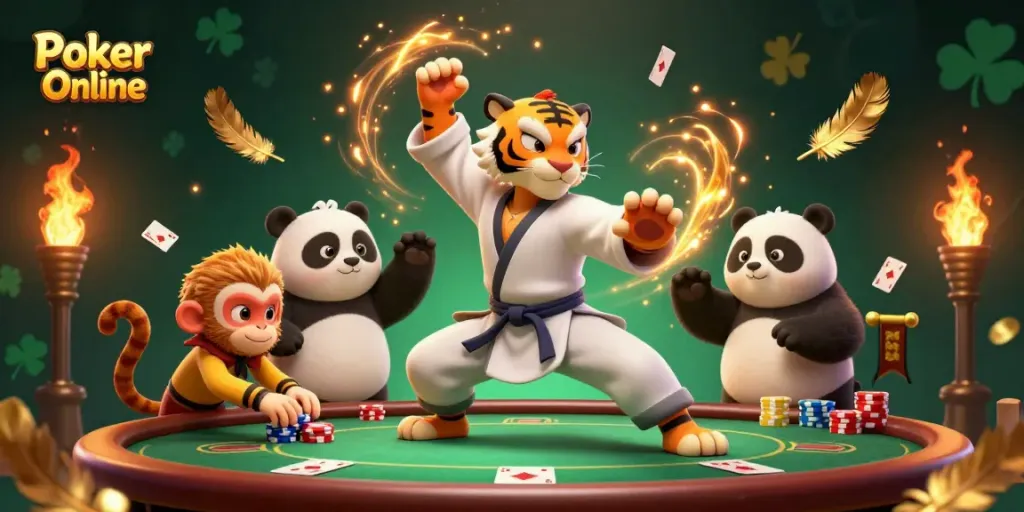 Engage in Poker Online excitement with a kung fu tiger, panda, and a monkey at a lively poker table.