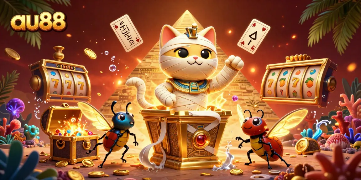 Experience thrilling wins and adventures at au88 with a vibrant 3D casino scene exploding with excitement from treasures and games.