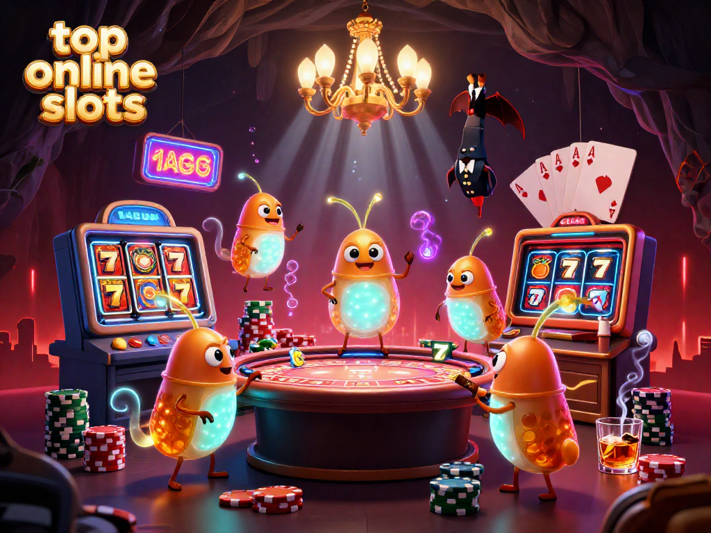 Experience the excitement of top online slots in a vibrant casino scene with glowing characters and rich details.