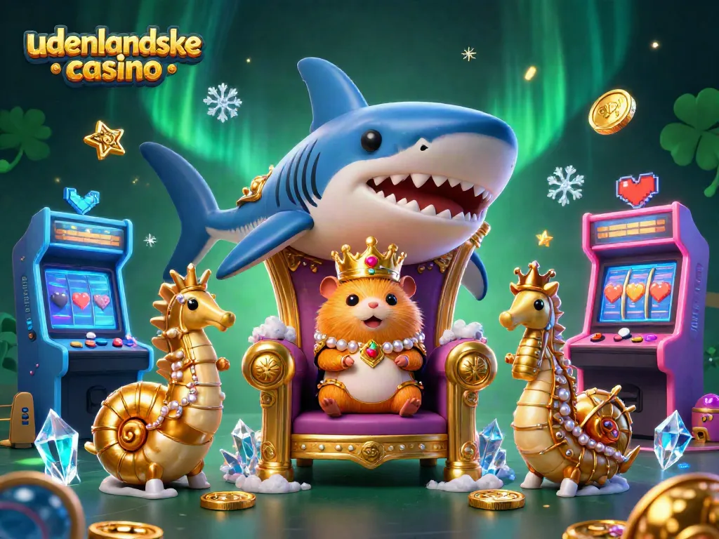 Join the excitement at udenlandske casino with a golden hamster king and seahorse guards in a vibrant gaming scene!