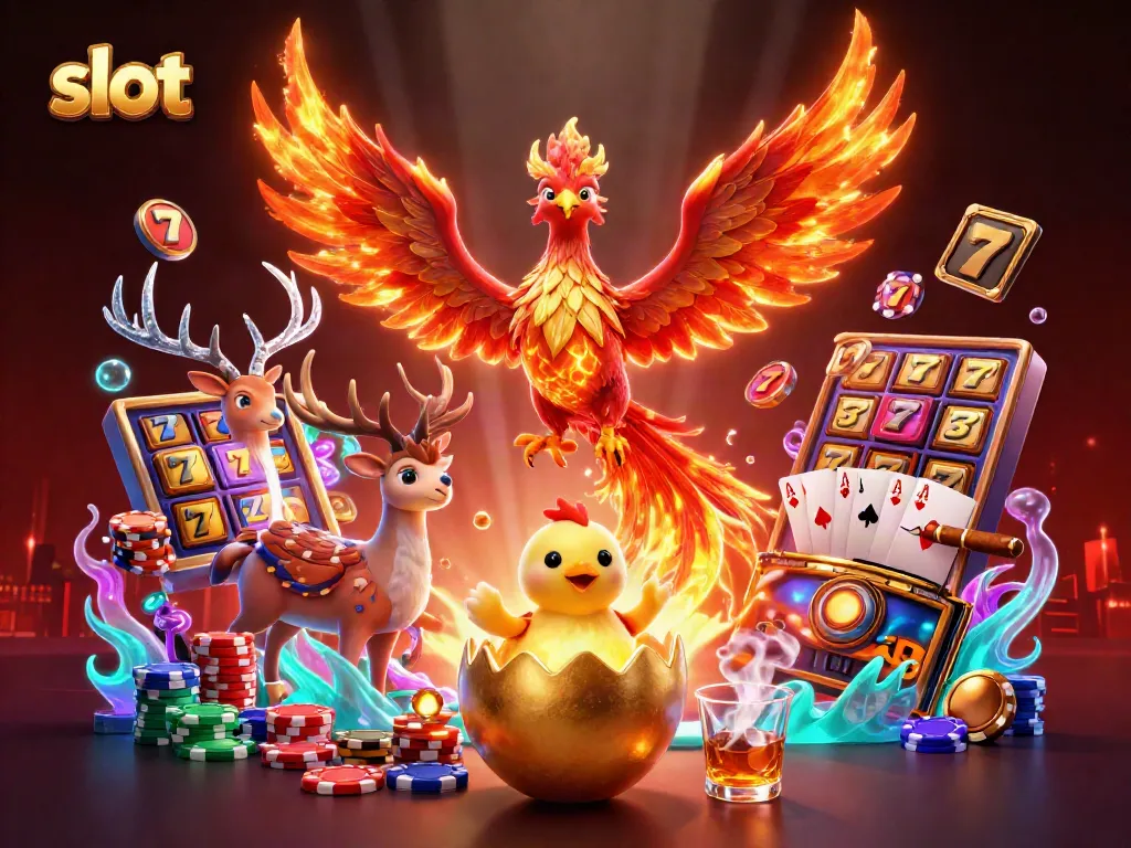 Experience thrilling slot gaming action with vibrant visuals of spinning reels and dynamic characters.