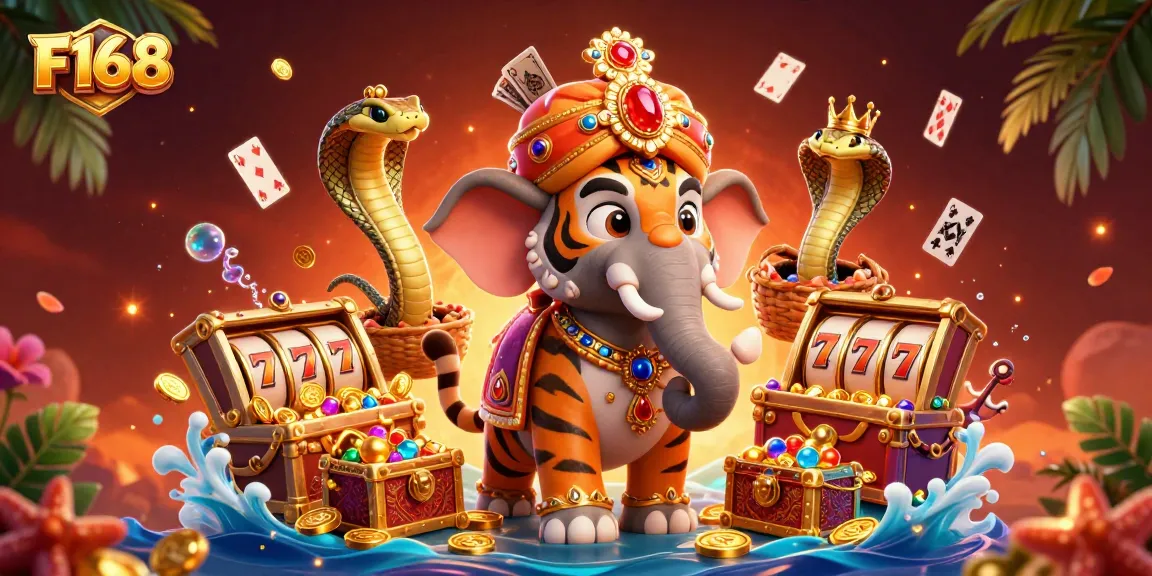 Experience thrilling wins at F168 with a vibrant casino scene featuring a tiger and elephant surrounded by slot reels and treasures.