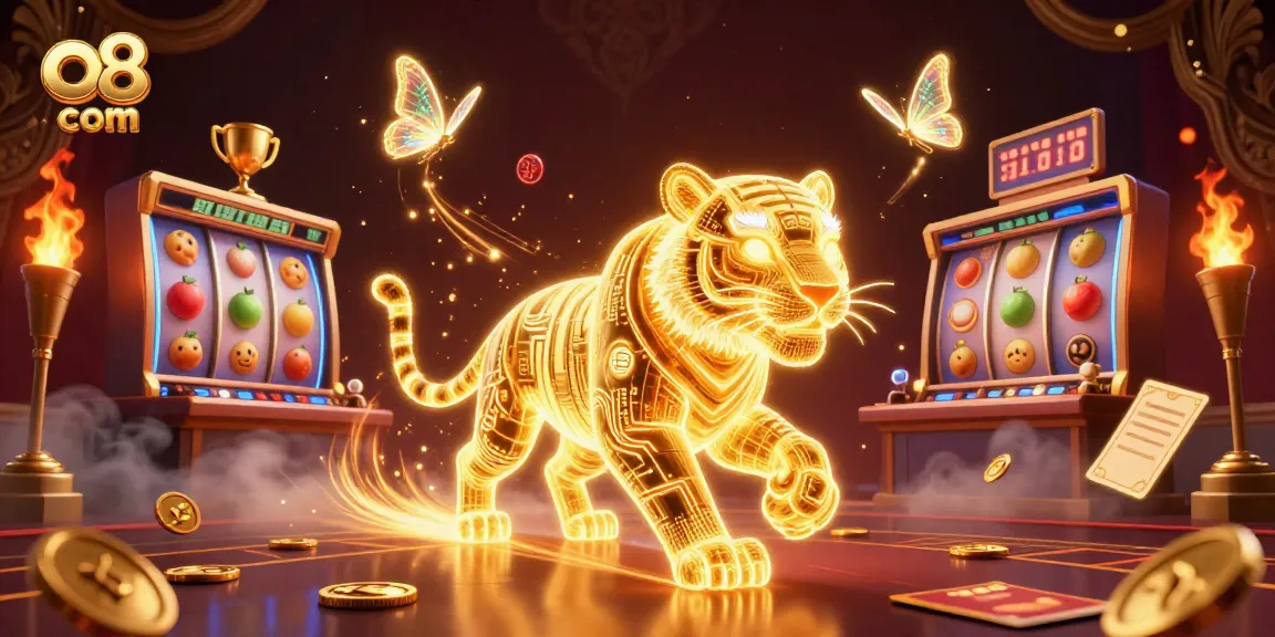Experience thrilling games at o8 com with a neon tiger in a vibrant casino scene.