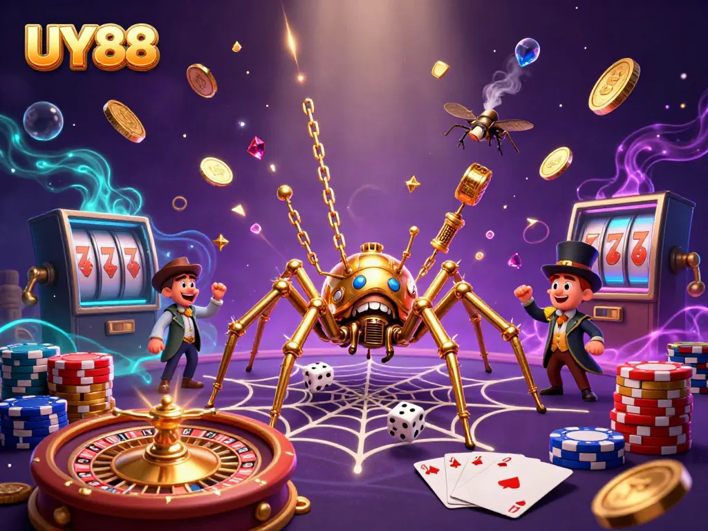 Experience thrilling gameplay at UY88 with golden chips and dynamic 3D elements capturing the excitement of online gambling.