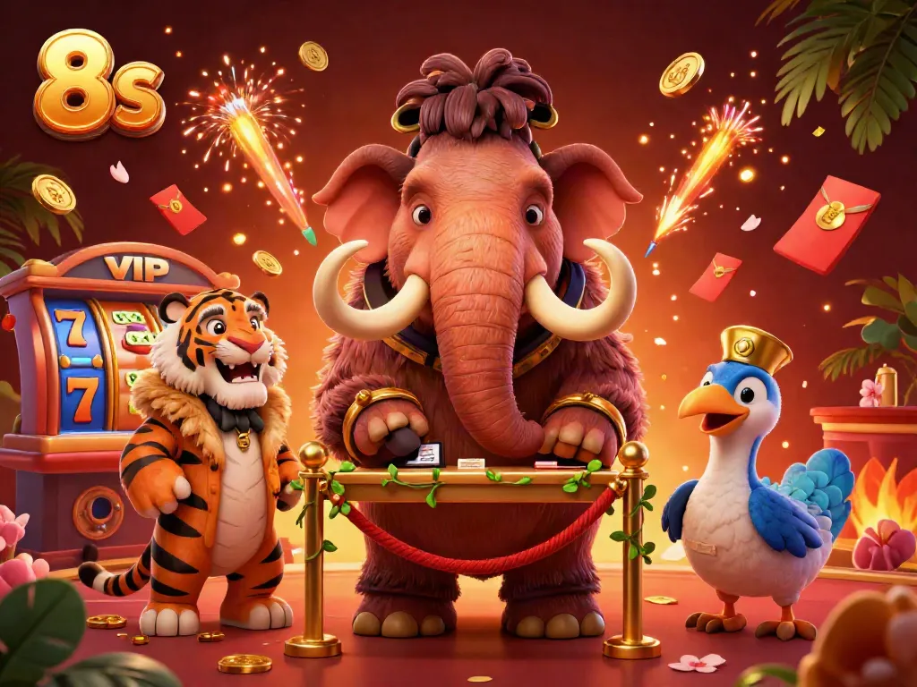 Experience thrilling gaming at 8s casino with a majestic woolly mammoth bouncer and VIP invitees.