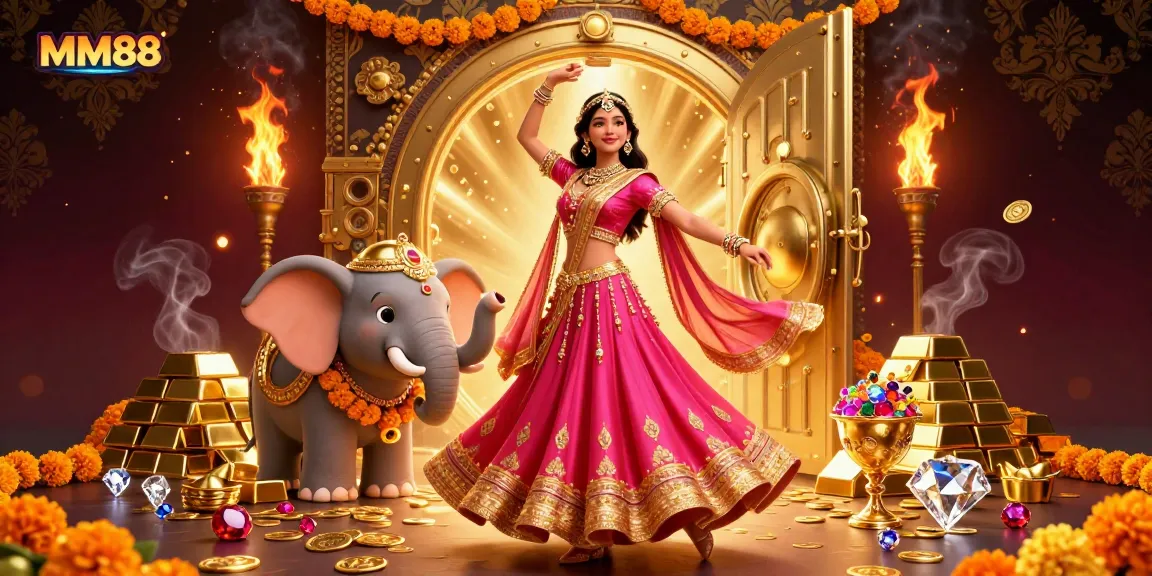 Win big with MM88's vibrant casino scene featuring gold treasures and dynamic gaming elements.