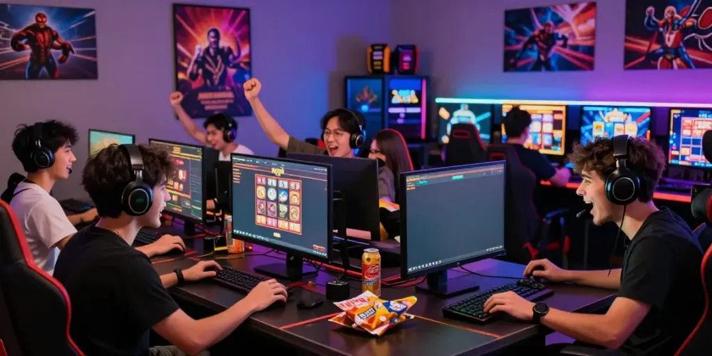 Exciting gaming scene with friends celebrating while playing KING999 online slots.