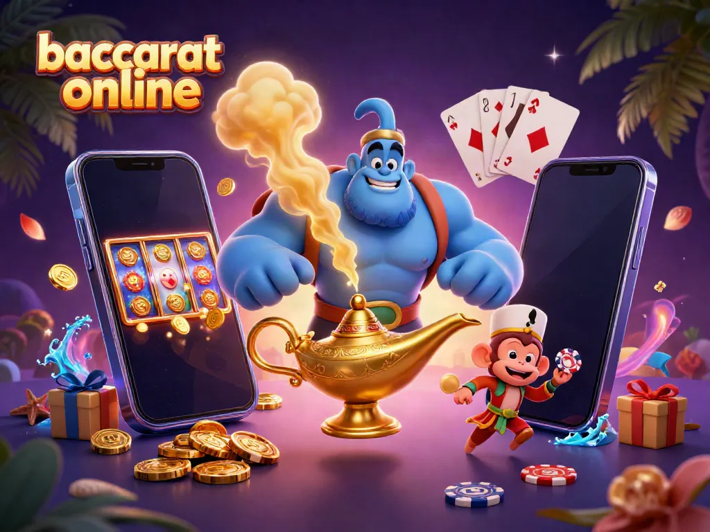 Engage in baccarat online with a vibrant 3D genie and colorful casino elements.