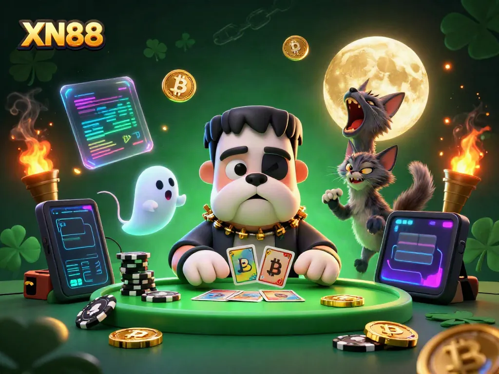 Experience the thrilling card games at XN88 with a spooky 3D scene featuring unique casino characters and vibrant game elements.